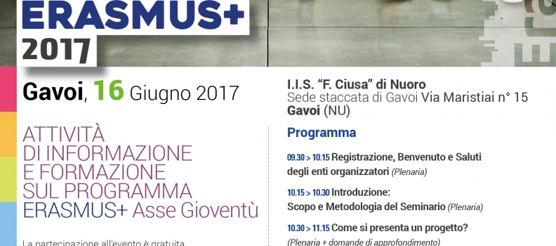 NEL MESE DI GIUGNO L’AGENZIA NAZIONALE PER I GIOVANI SARA’ A GAVOI PER PARLARE DEL PROGRAMMA ERASMUS+